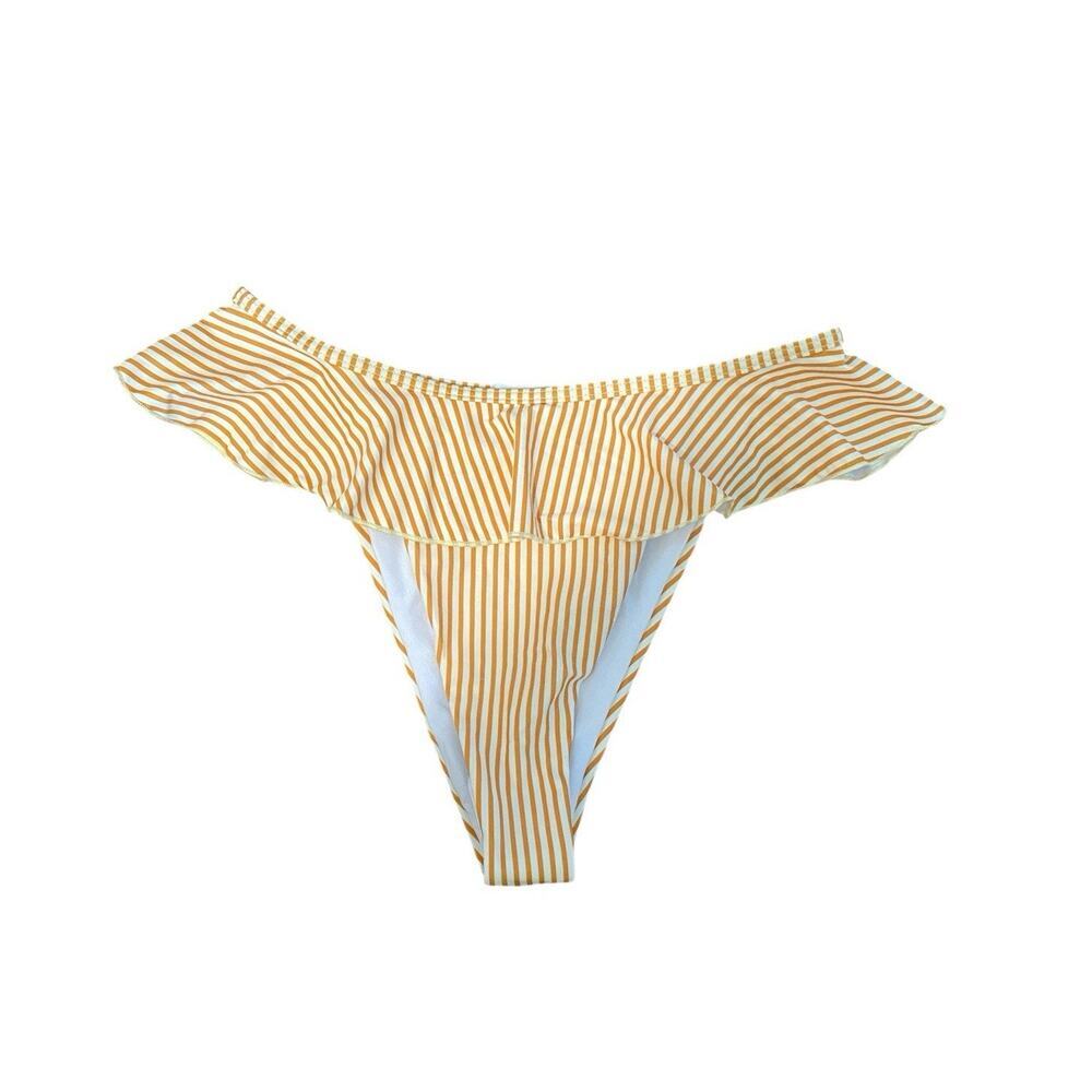 Goodnight Macaroon Yellow White Striped Ruffle High Leg Bikini Bottom Medium NWT